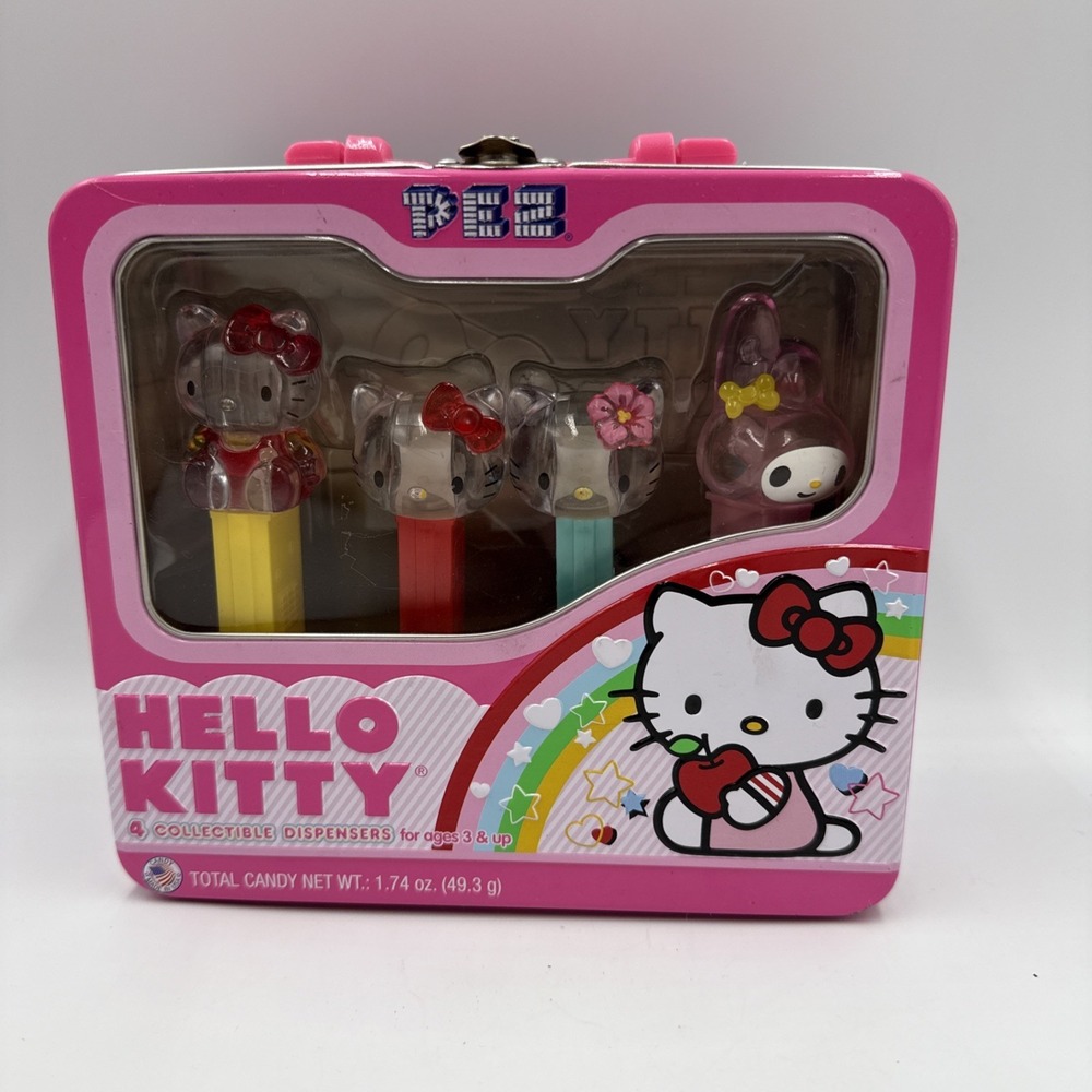 Hello Kitty My Melody CRYSTAL PEZ Candy Dispenser Set Pink Tin Lunchbox Retired